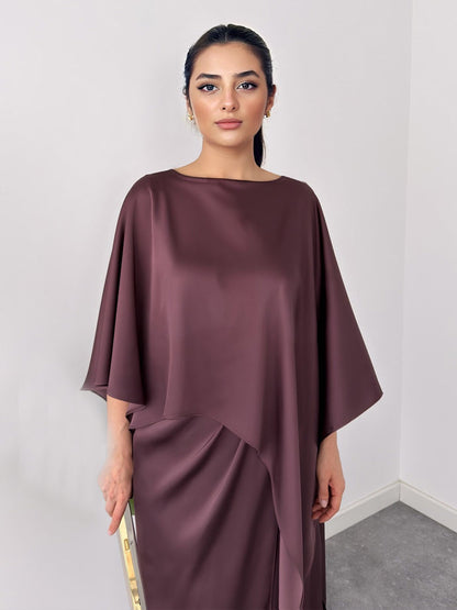 Elegante Satijnen Cape Mouw Top & Maxi Rok Twee-Piece Set