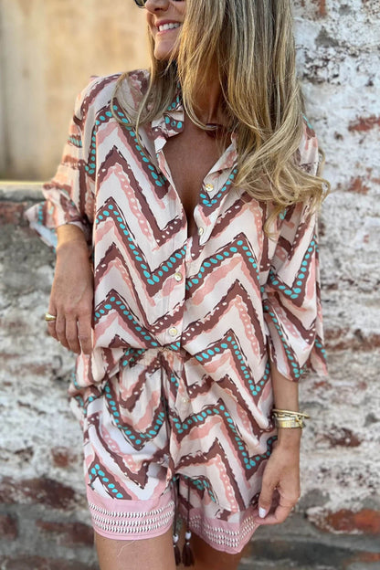 Exquise Golfprint Overhemd met Kraag en Korte Broek met Elastische Taille Set