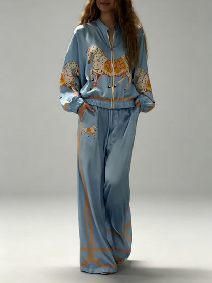 Exquise Satijnen Paardprint Zip Jacket & Wijde Broek Twee-Piece Set