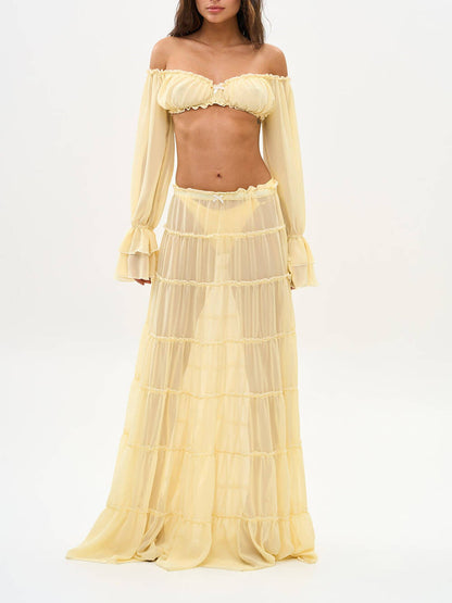 Mode Off Shoulder Lange Bell Sleeve Crop Top en Elastische Taille Laag Overhemd Maxi Rok Set