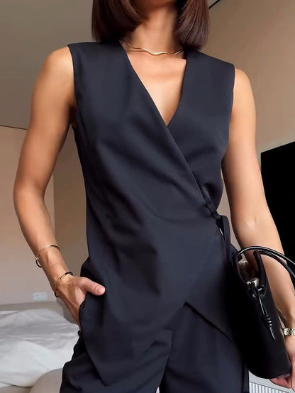 Elegante Wrap Vest Broek Twee-Delige Set