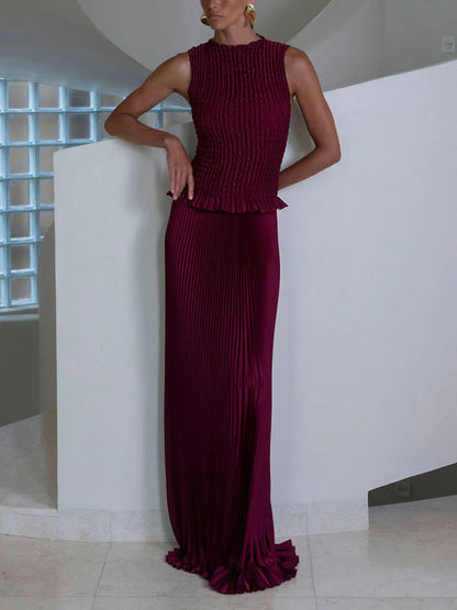 Elegante Mouwloze Plissé Vestrok Twee-Delige Set