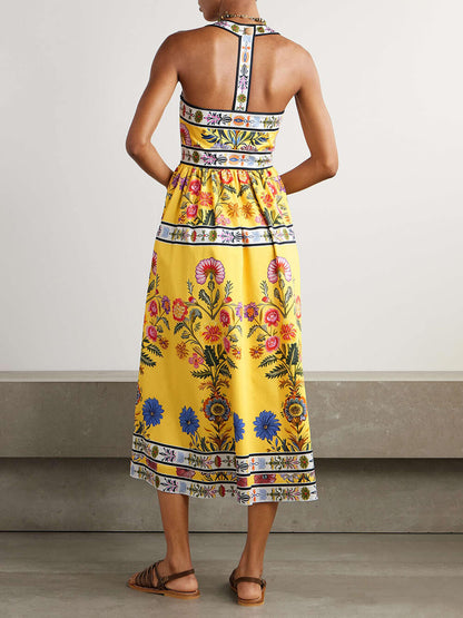 Unieke Satijnen Bloemenprint Racerback Midi Jurk Met Zakken