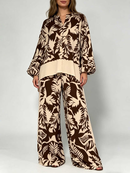 Bohemian Bladprint V-Hals Satijnen Shirt & Wijde Broek Set