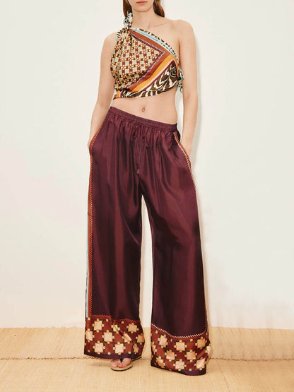 Unieke Paisley Kleur-Block Satijnen Shirt En Elastische Taille Wijde Broek Set