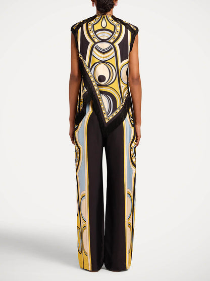 Retro Geometrische Print Franje Top & Wijde Pantalon Twee-Piece Set