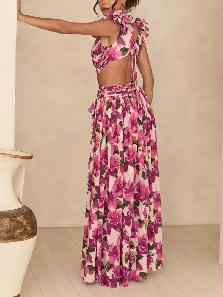 Elegante Bloemenprint Geplooide Openwork Maxi Jurk