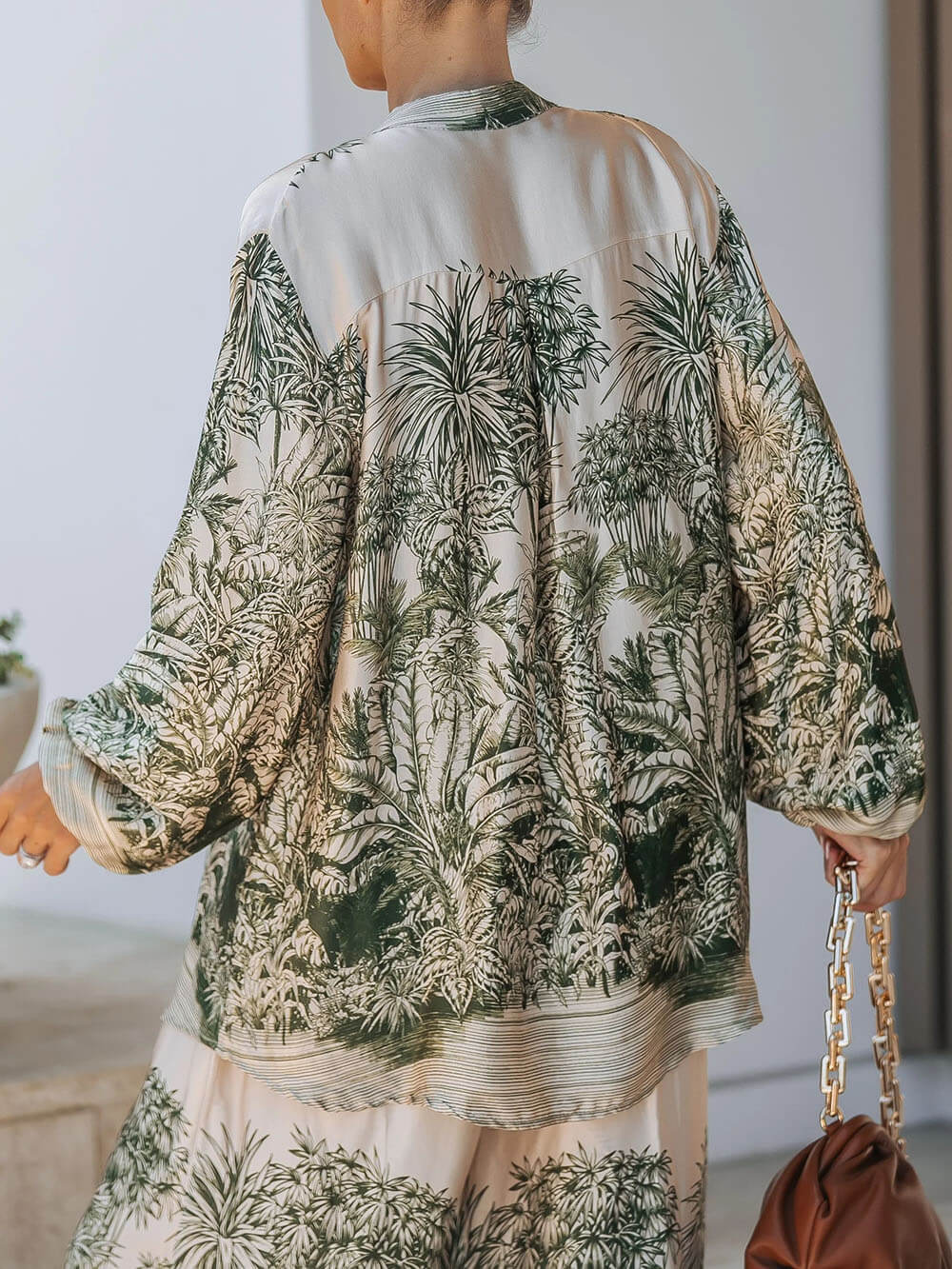 Casual Palm Leaf Print Losse Shirt En Wijde Pantalon Set