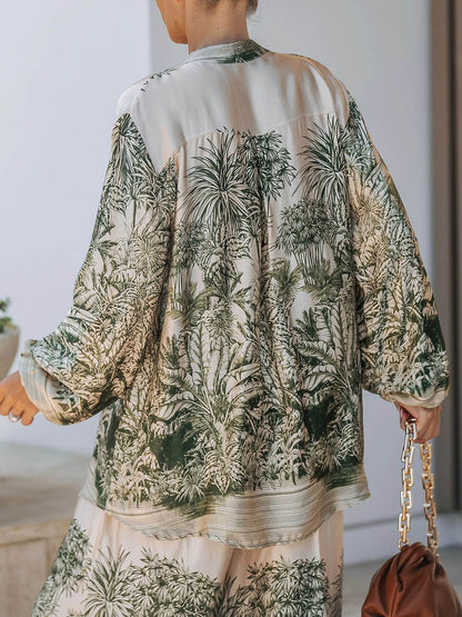 Casual Palm Leaf Print Losse Shirt En Wijde Pantalon Set