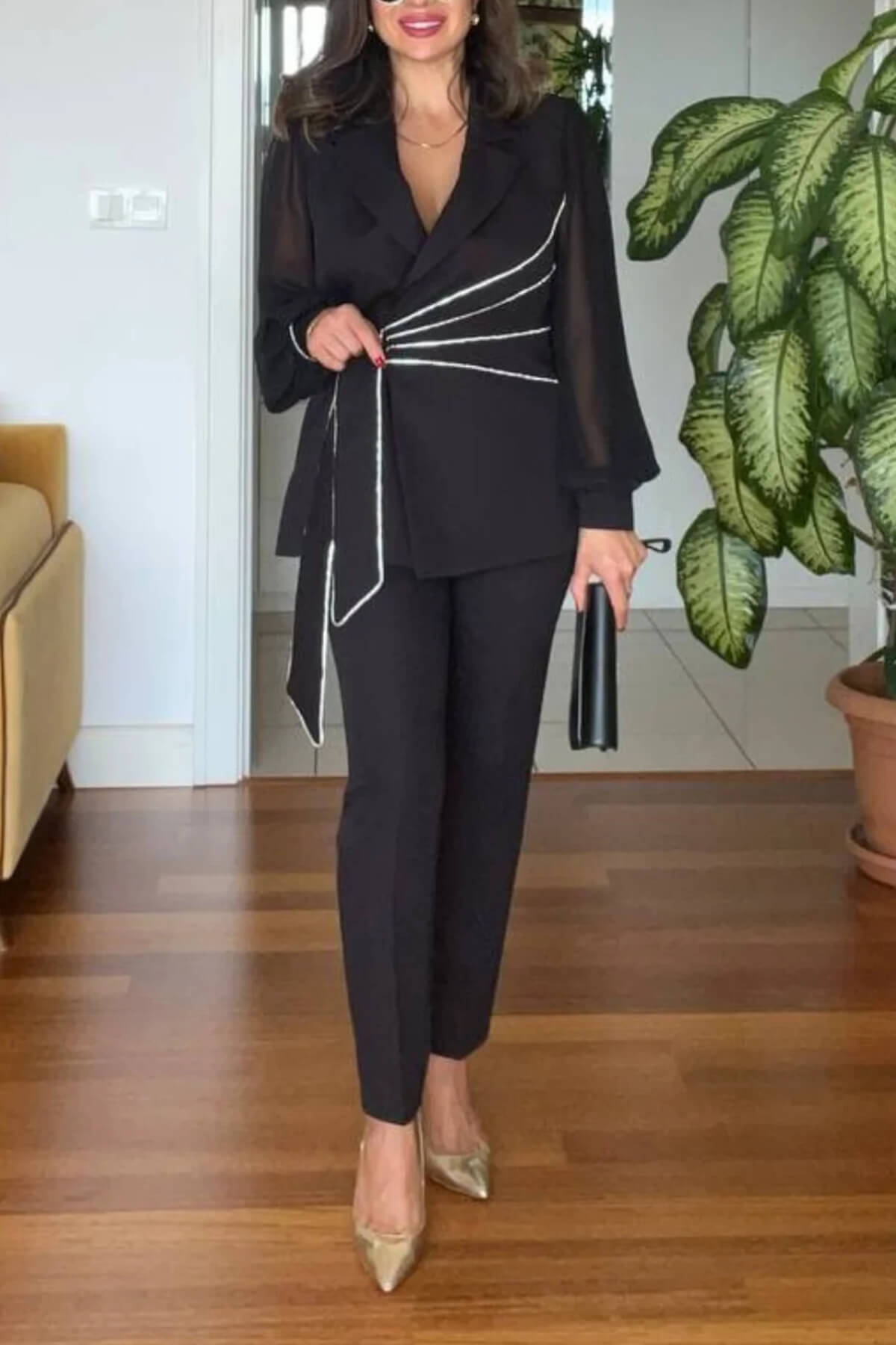 Elegante V-hals Kleurblok Geknoopte Blouse & Hoge Taille Tapered Broek Set