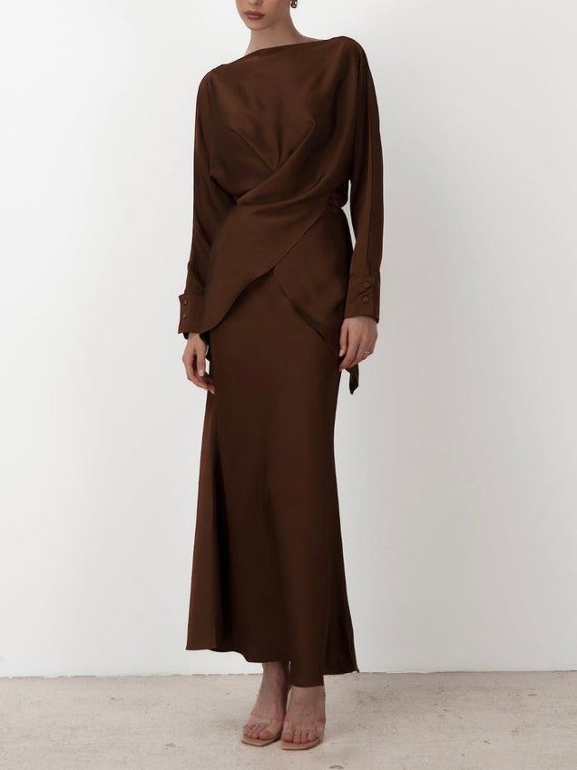 Elegante Gedrapeerde Satijnen Zeemeermin Maxi Rok
