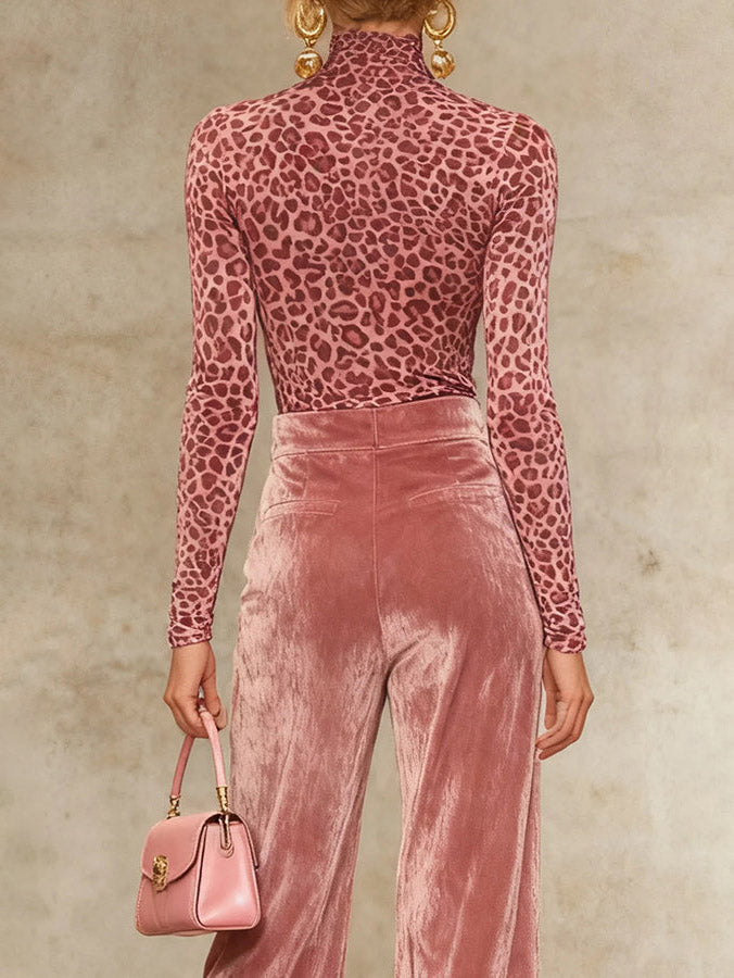 Casual Fluwelen Luipaardprint T-Shirt En Wijde Broek Twee-Piece Set