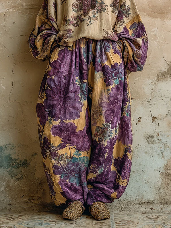 Retro Bloem Geborduurde Top & Wijde Broek Twee-Stuk Set