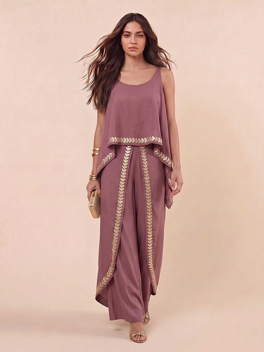 Bohemian Geborduurde Gelaagde Top & Wijde Broek Twee-Piece Set