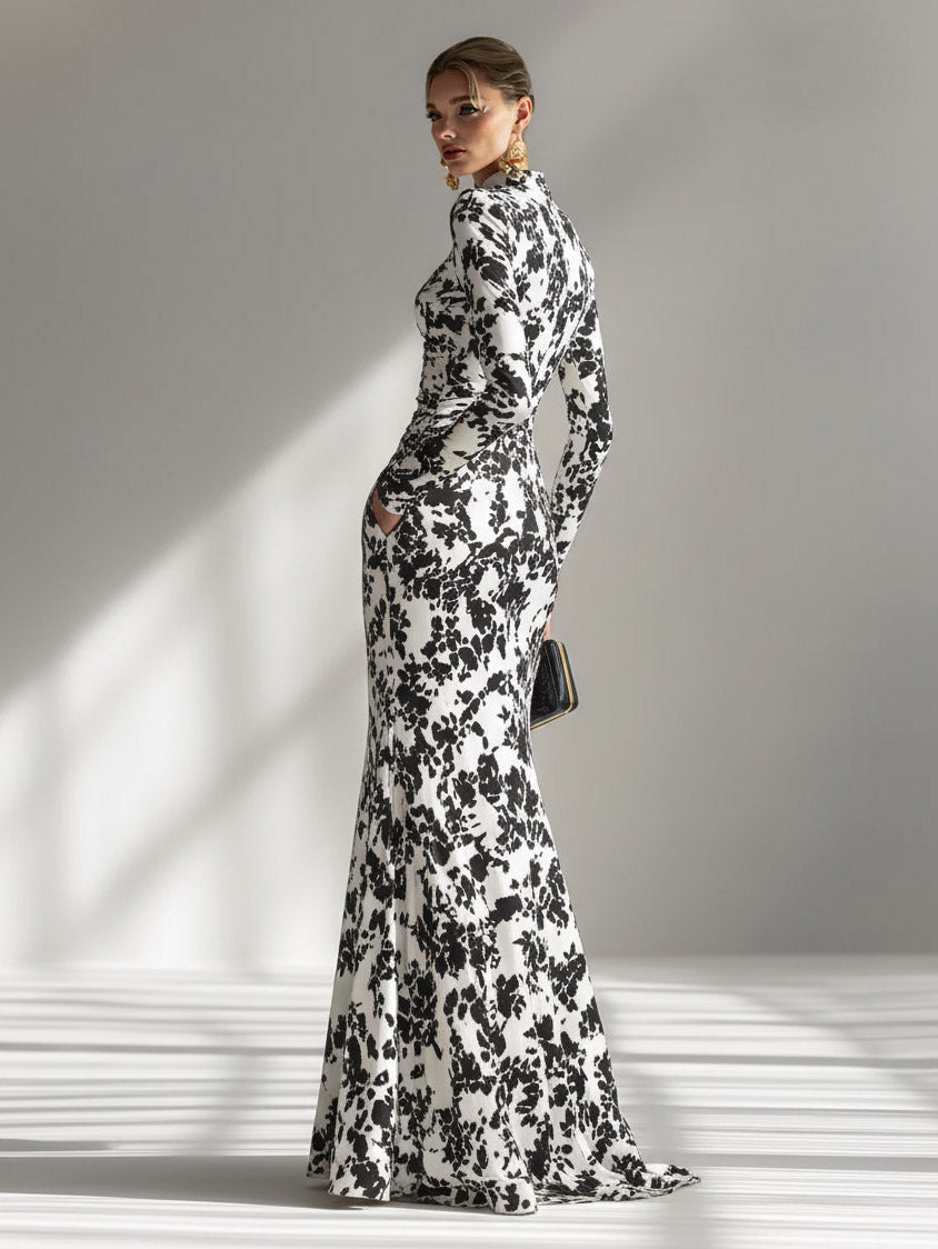 Casual Abstract Print Hoge Hals Plissé Zeemeermin Maxi Jurk