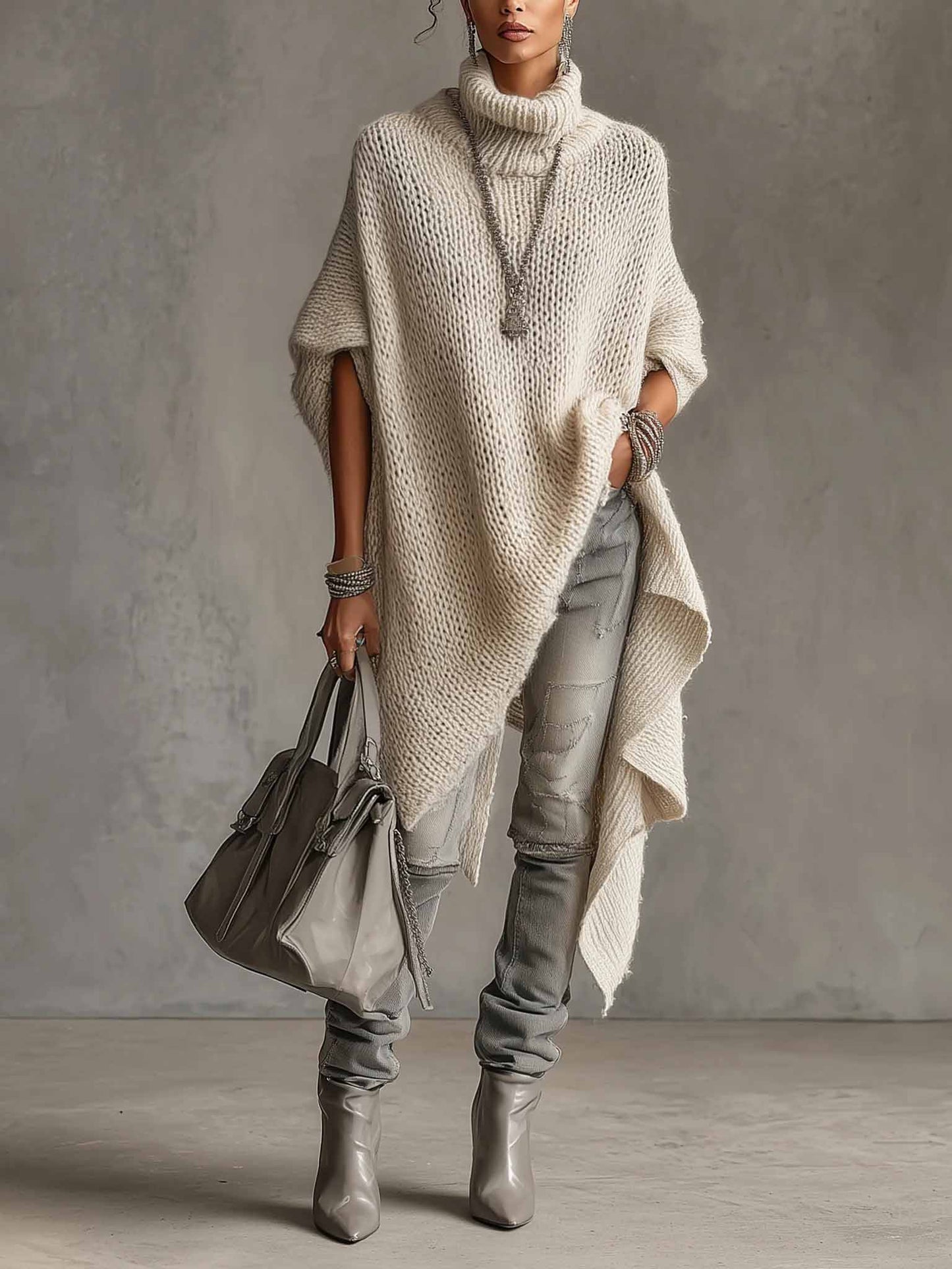 Asymmetrische Hem Hoge Hals Brei Midi Jurk