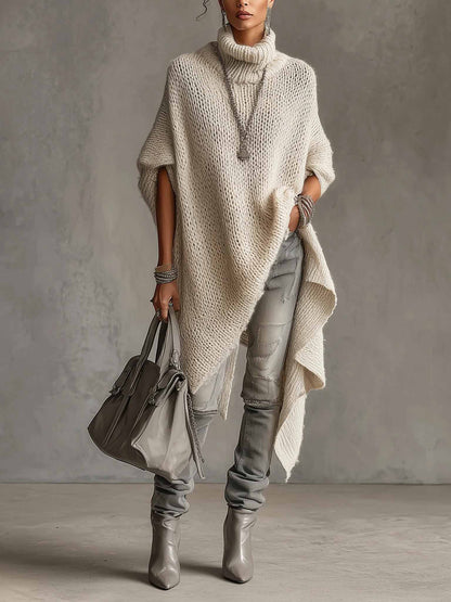 Asymmetrische Hem Hoge Hals Brei Midi Jurk