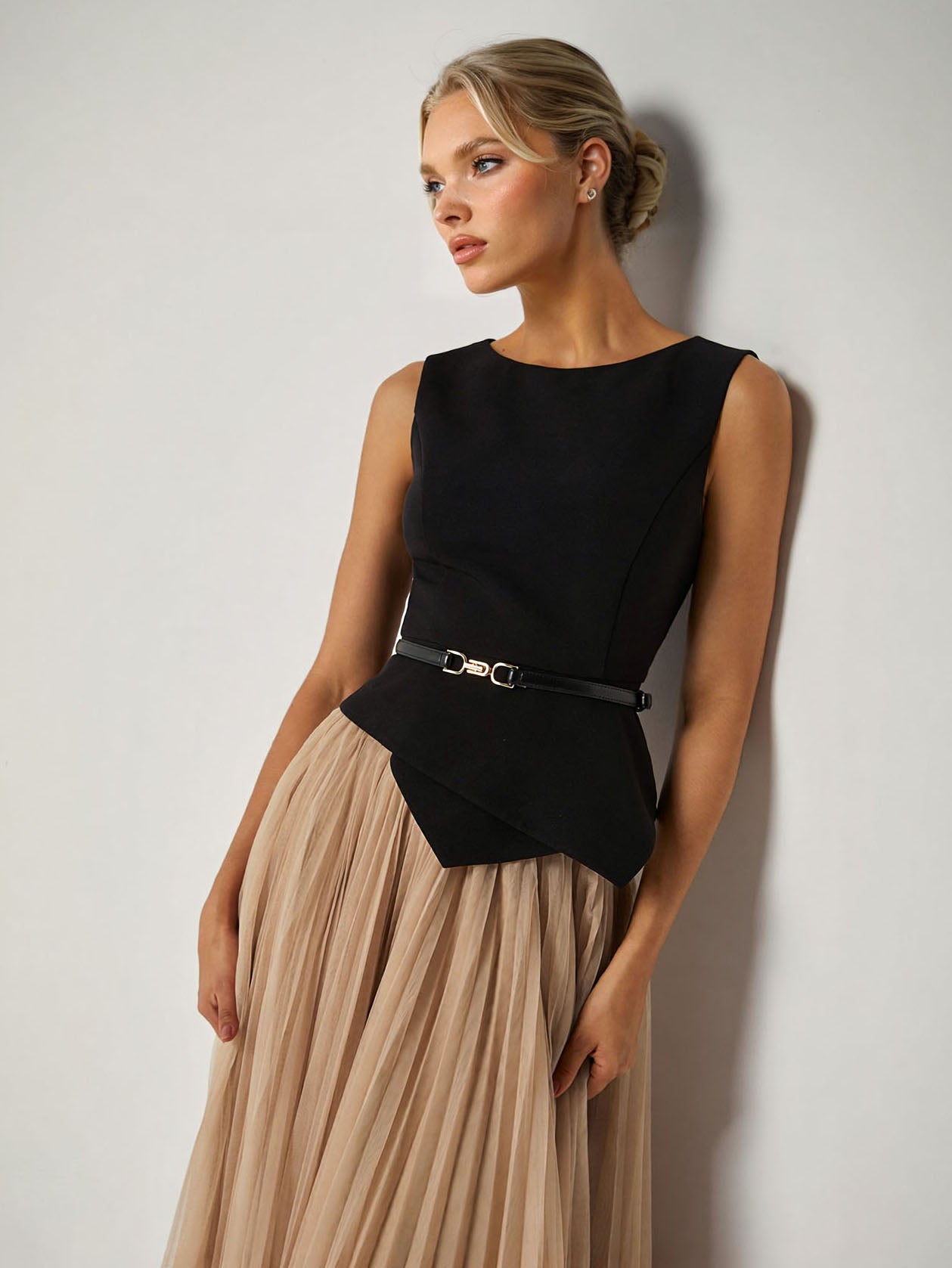 Elegante Asymmetrische Bootneck Top & Rok Twee-Delige Set