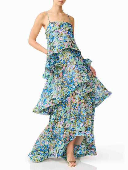 Elegante Levendige Bloemenprint Tiered Ruffle Maxi Jurk