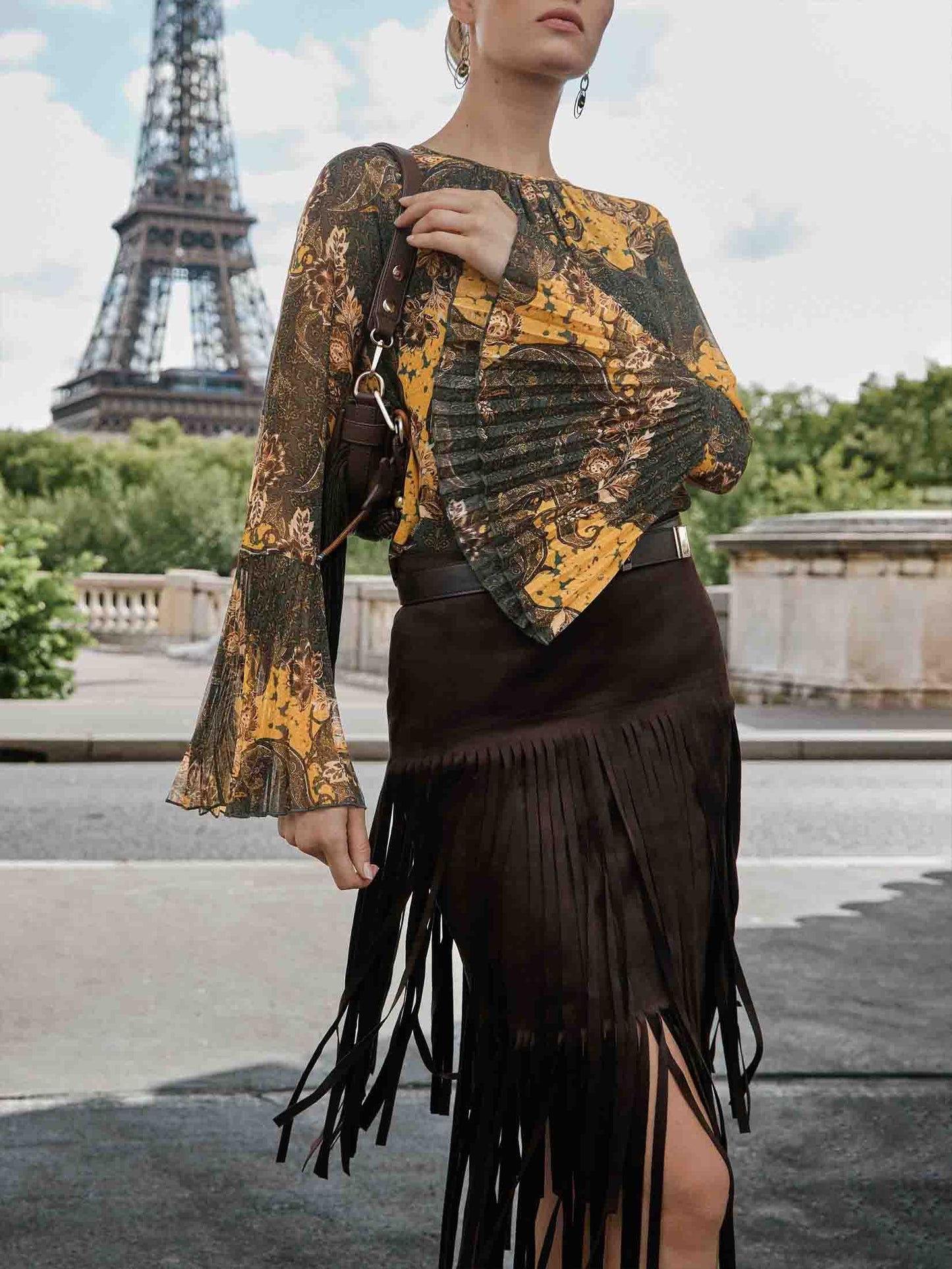 Retro Paisley Print Bell-mouw Shirt Twee-delig Set