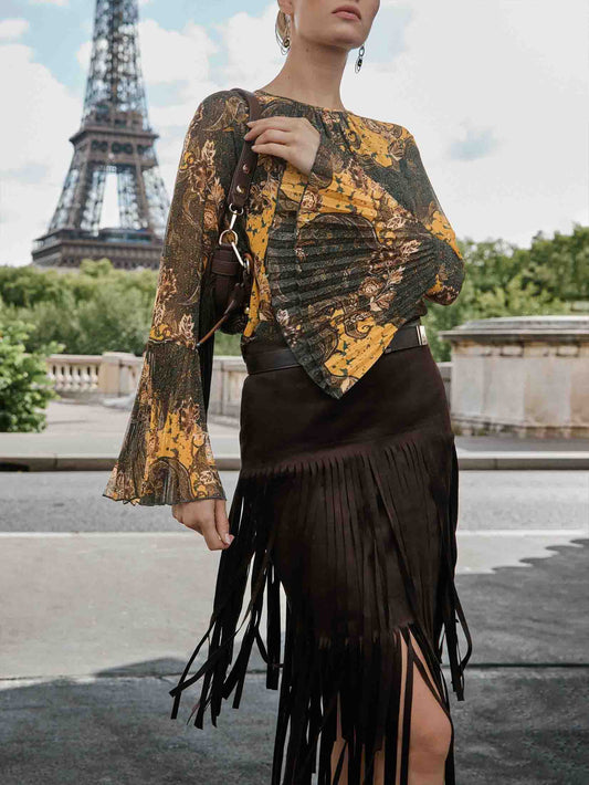 Retro Paisley Print Bell-mouw Shirt Twee-delig Set