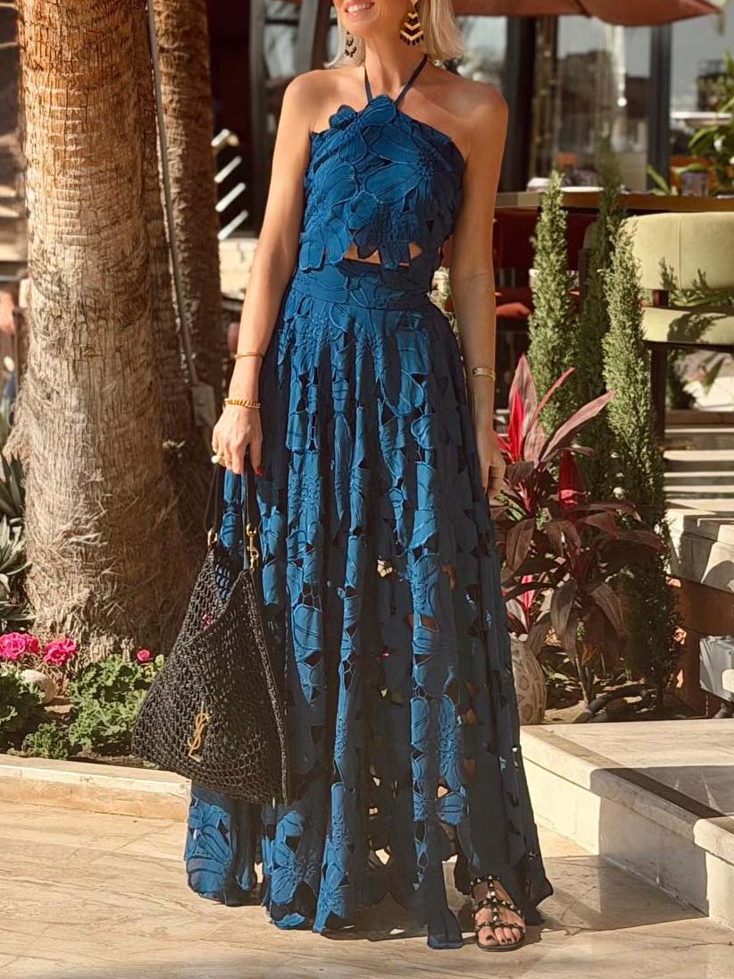 Exquisite Lace Cami Crop Top & High-Waist A-Line Maxi Rok Twee-delige Set