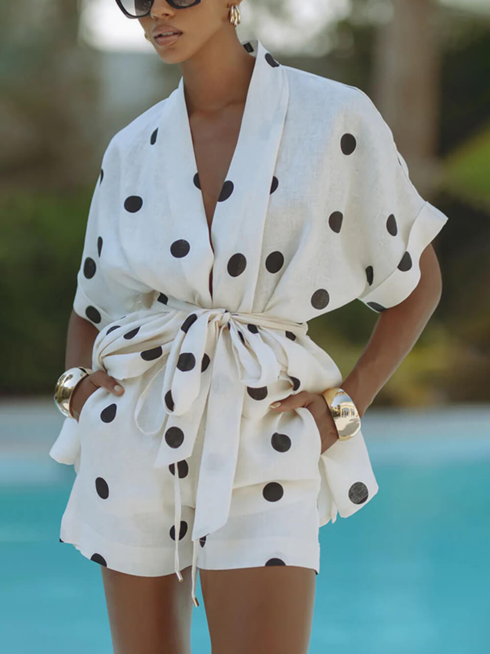 Speelse Linnen Polka Dot Prints Strik Kimono Top en Elastische Taille Korte Broek Set