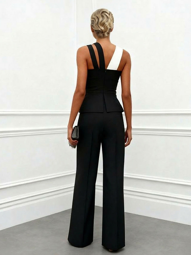 Elegante Kleurblok Asymmetrische Top & Wijde Broek Twee-Stuk Set