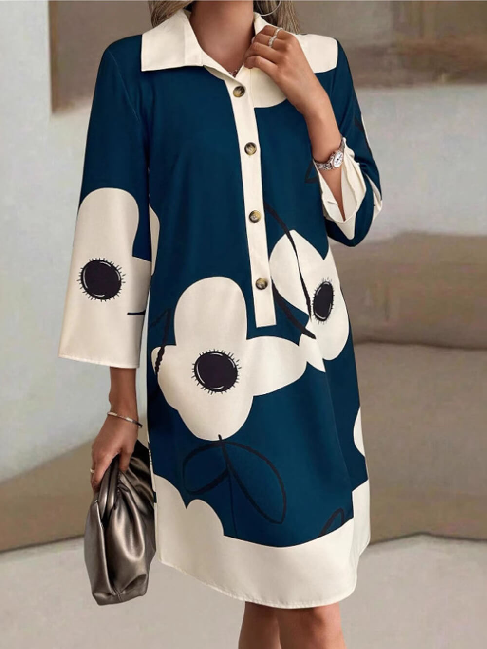 Elegante Gedrukte Losse 3/4 Mouw Mini Jurk