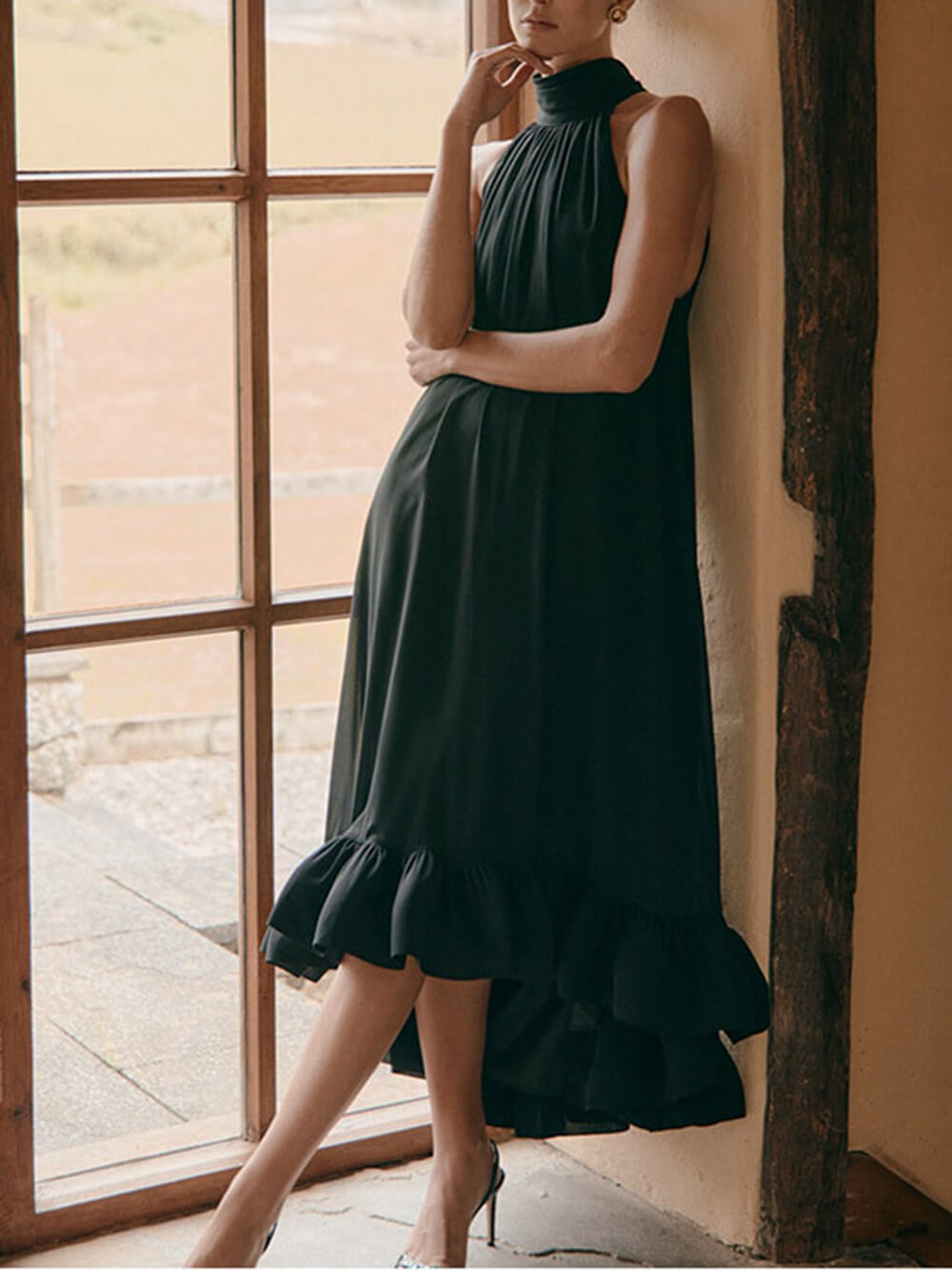 Elegante Rimpel Halter Nek Mouwloze Jurk
