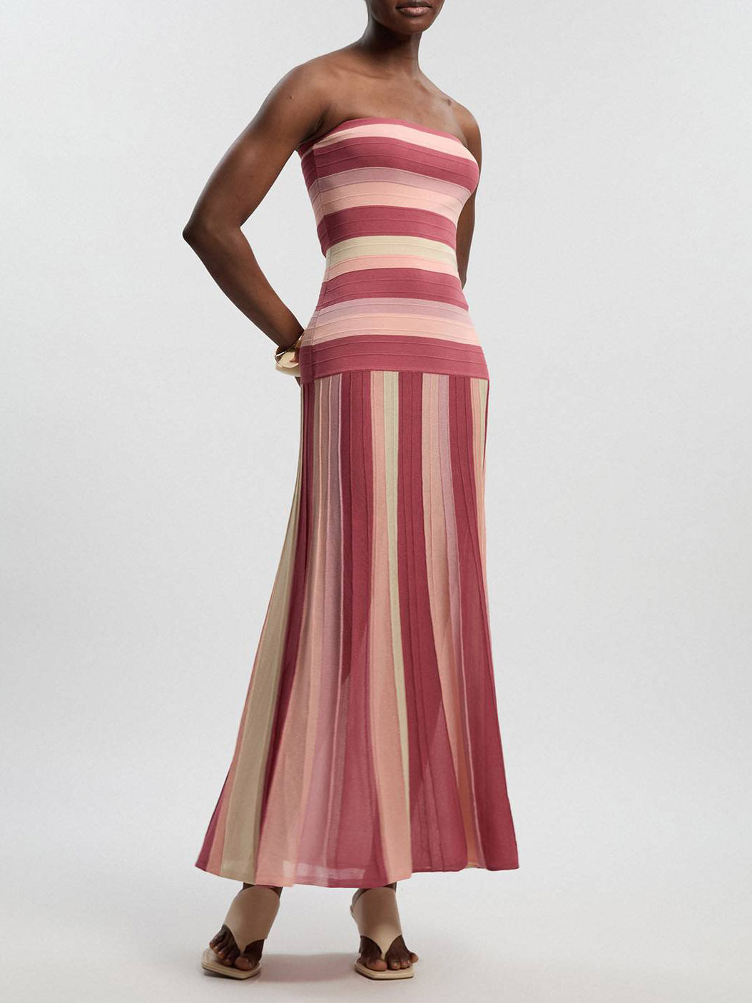 Strapless Gestreepte Strapless Gebreide Maxi Jurk