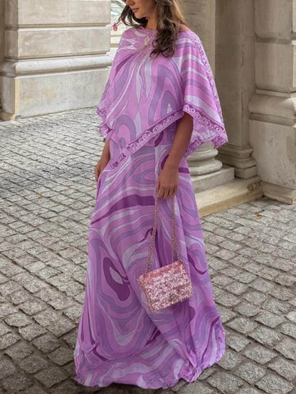 Casual Satijnen Cape Top Met Plaatsing Print En Flared Rok Set
