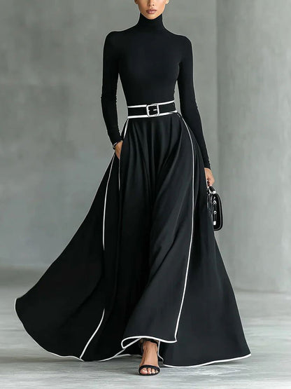 Elegante Hoogsluitende Maxi-jurk met Kleurblokken
