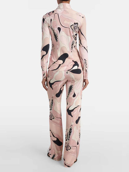 Unieke Bloemenprint Fitted Overhemd & Elastische Taille Rechtpijpen Broek Set