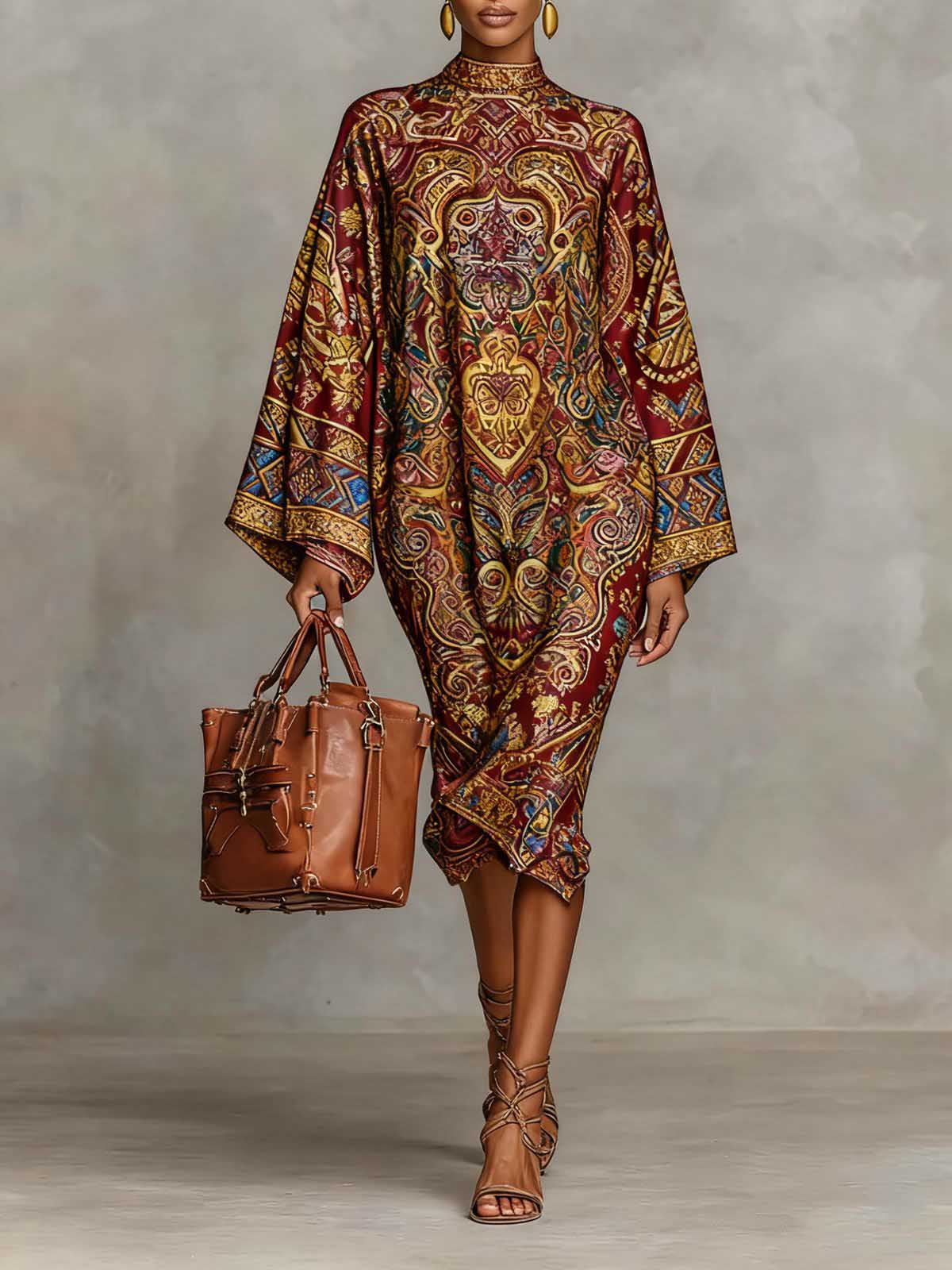 Retro Paisley Print Ronde Hals Flared Mouw Midi Jurk