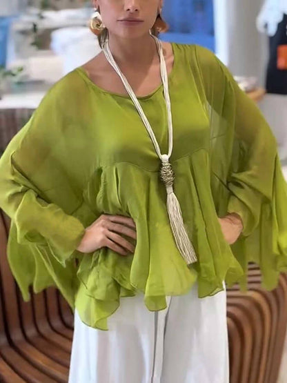 Elegante Romantische Reis Chiffon Ruffle Batwing Mouw Top