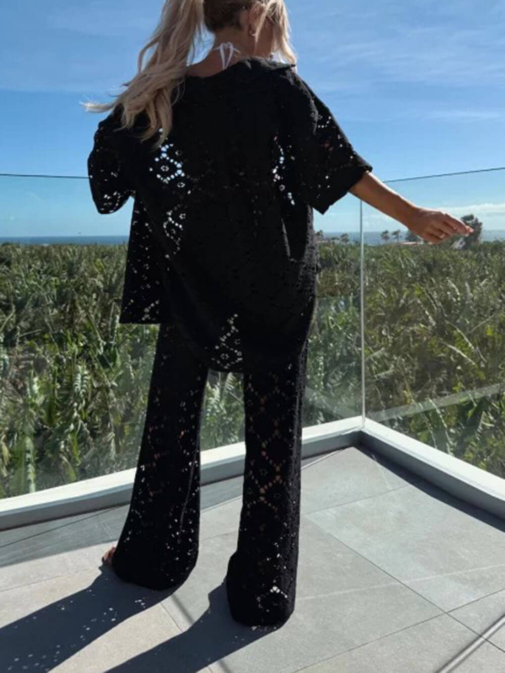 Klassieke Vakantie Haakbloemen Kant Korte Mouw Shirt en Elastische Taille Wijde Pantalon Set