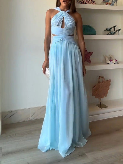 Elegante Halter Twist Front Cutout Plissé Maxi Jurk
