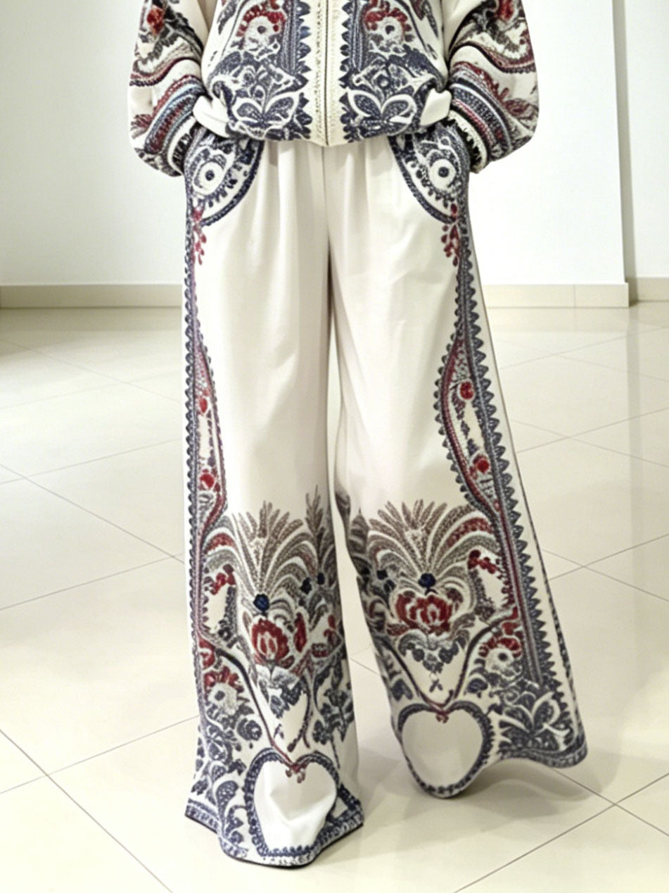 Elegante Paisley Print Rits Shirt & Wijde Pantalon Set