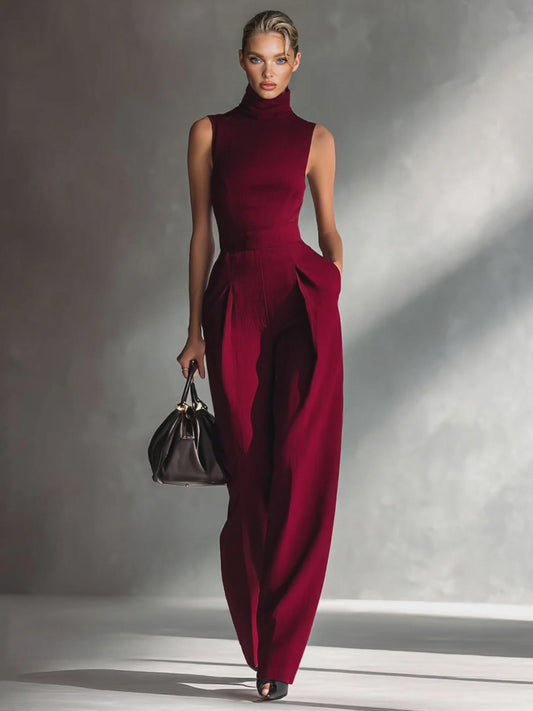 Casual Mouwloze Hoge Hals Wijde Pijp Jumpsuit