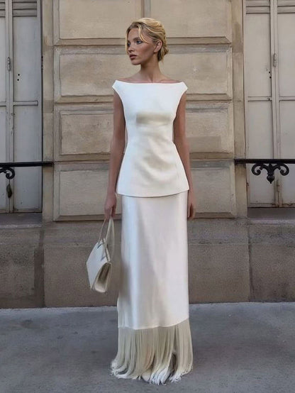Elegante Satijnen Fringe Hem Rok Tweedelige Set