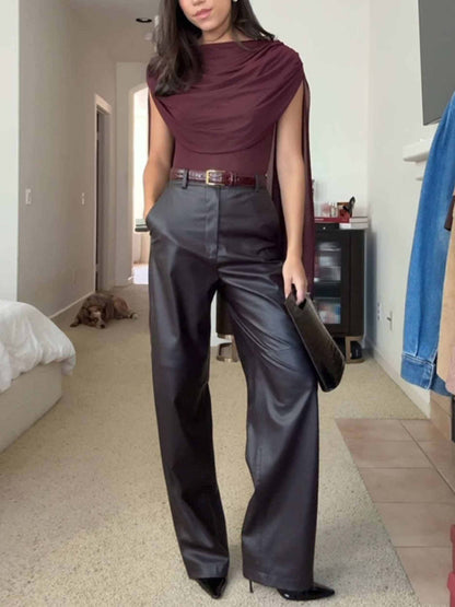 Elegante Drapé Top En Wijde Nep Leer Broek Twee-delige Set