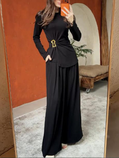 Elegante Top met Lange Mouwen & Brede Pijpen Twee-Piece Set