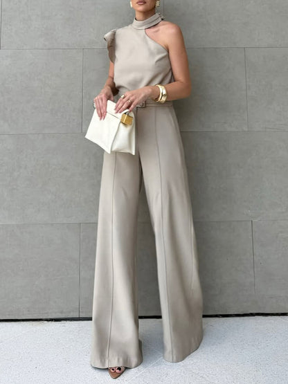 Casual Ruffle Mouw Haltertop Met Eenvoudige Effen Kleur Rechte Broek Set