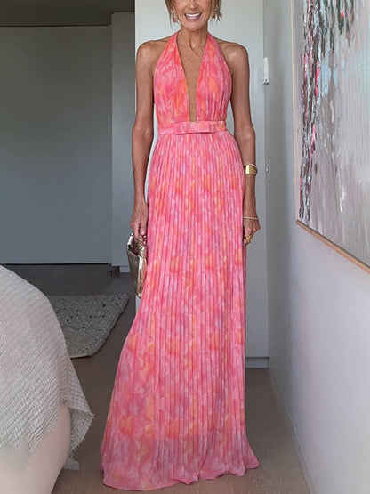Elegante Halter V-Hals Open Rug Geprinte Plissé Maxi Jurk