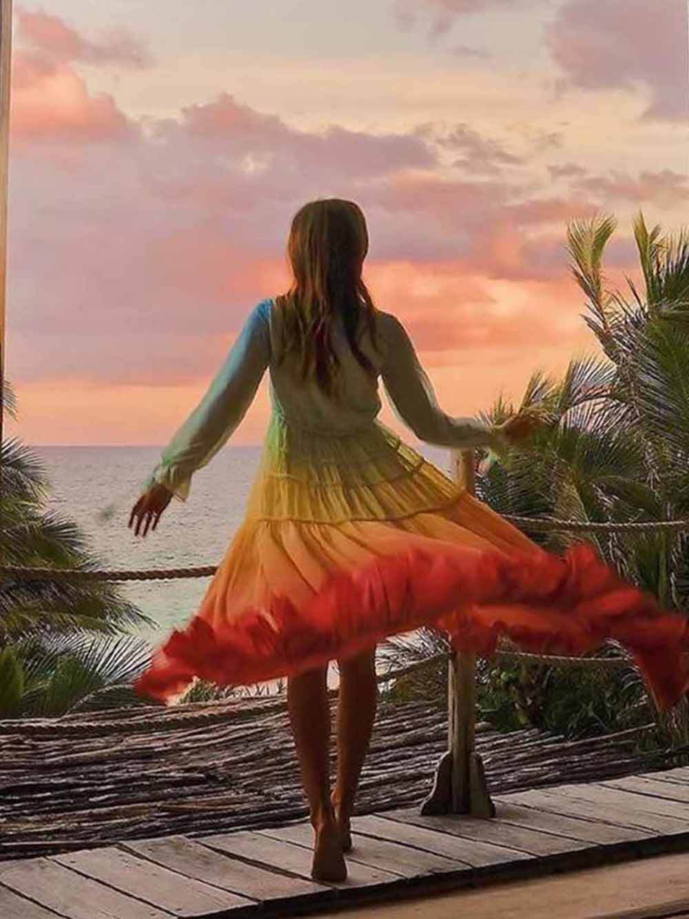 Unieke Gradient Print Bohemian Regenboog Tiered Maxi Jurk