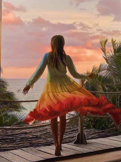 Unieke Gradient Print Bohemian Regenboog Tiered Maxi Jurk