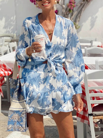 Zomer Casual Gedrukt Knoop-Voorkant Losse Top & Elastische Taille Shorts Set