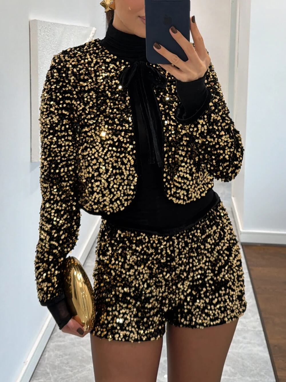 Exquise Gouden Pailletten Blazer Velvet Shorts Set