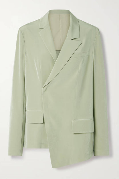 Mode Asymmetrische Crepe Blazer Geplooide Zak Brede Pantalon Set